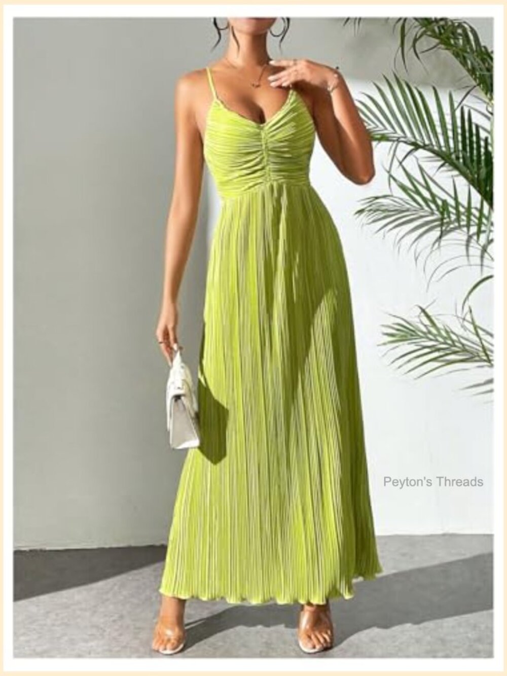 Textured V Neck Sundress Spaghetti Strap Tie Back Pleated A Line Long Maxi - Picture 5 of 5